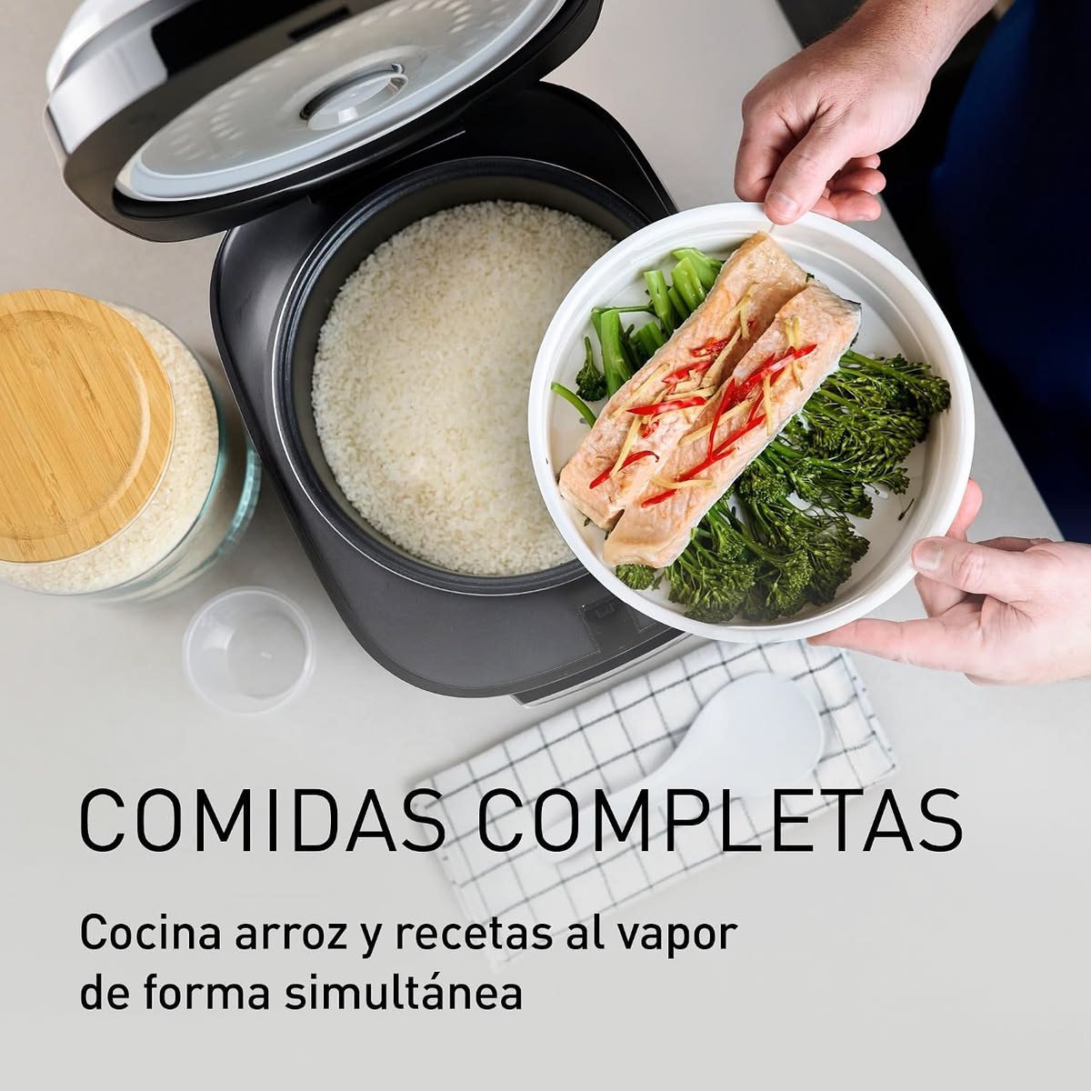 Arrocera con olla de vapor: cocina arroz y verduras o pescado a la vez